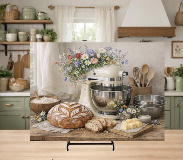 Wildflowers and Sour Dough Bread Cottagecore Glass Cutting Board 15" x 11"