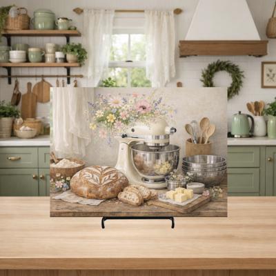 Sourdough Bread and Pastel Wildflowers Cottagecore Glass Cutting Board 15" x 11"