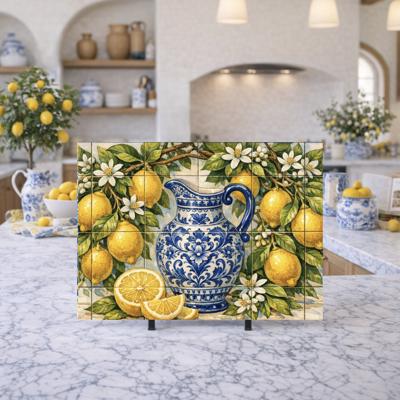Italian Lemon Trees Tile Glass Cutting Board, Mediterranean Kitchen Decor, Blue Toile Vase Chopping Board, Citrus Trivet