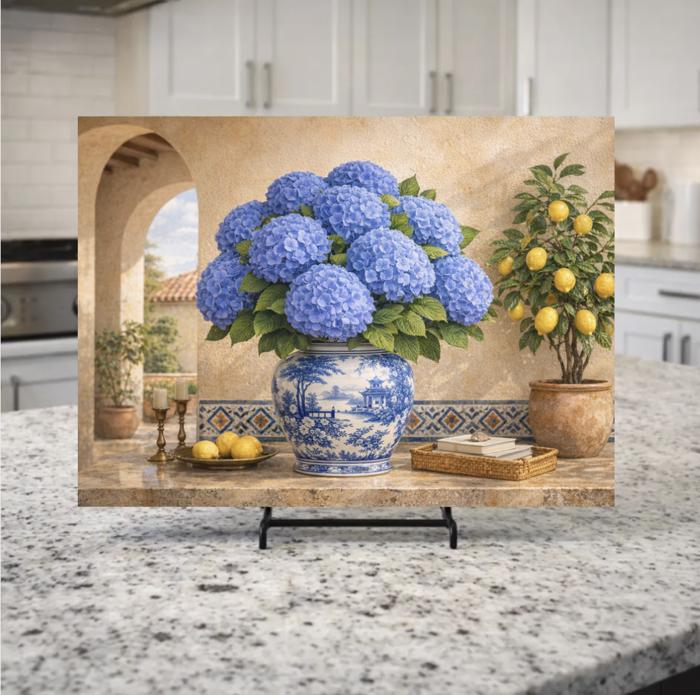 Blue Hydrangeas and Lemons Mediterranean Kitchen Glass Cutting Board 15" x 11" 