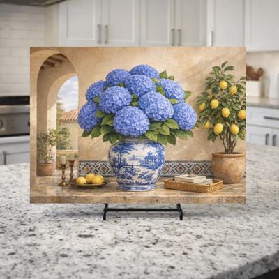 Blue Hydrangeas and Lemons Mediterranean Kitchen Glass Cutting Board 15" x 11" 