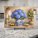  Blue Hydrangeas and Lemons Mediterranean Kitchen Glass Cutting Board 15" x 11" 
