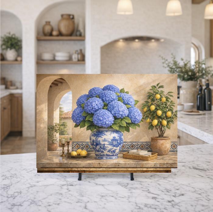 Blue Hydrangeas and Lemons Mediterranean Kitchen Glass Cutting Board 15" x 11" 