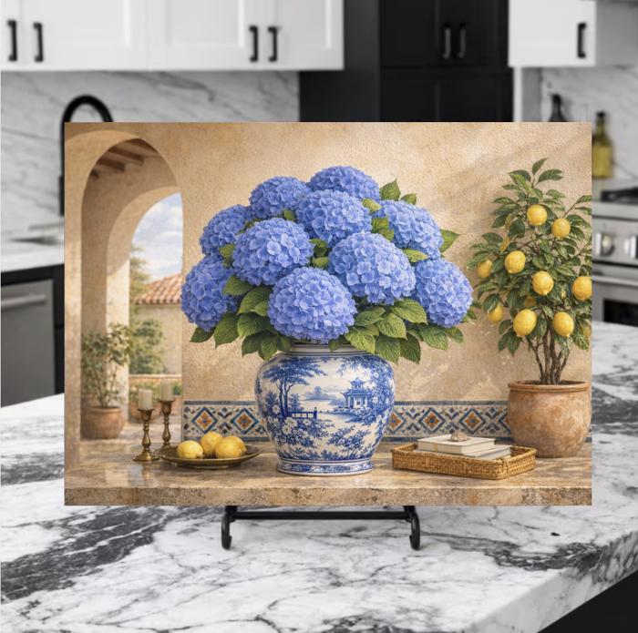 Blue Hydrangeas and Lemons Mediterranean Kitchen Glass Cutting Board 15" x 11" 