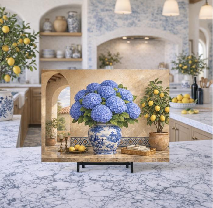 Blue Hydrangeas and Lemons Mediterranean Kitchen Glass Cutting Board 15" x 11" 