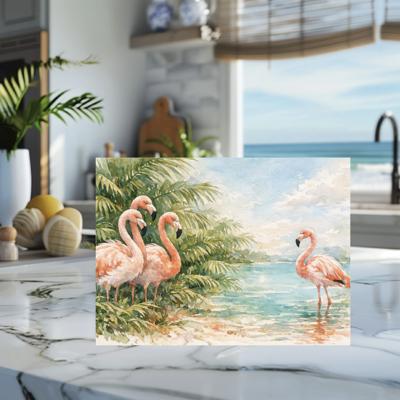 Pink Flamingoes Coastal Beach Glass Cutting Board 15" x 11"