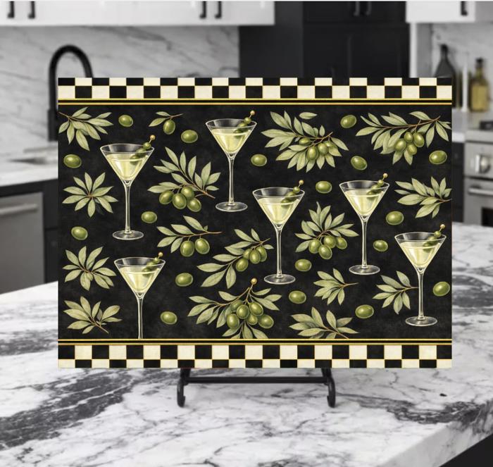 Martini Olives with Black and Gold Checkered Border Cutting Board 15" x 11"