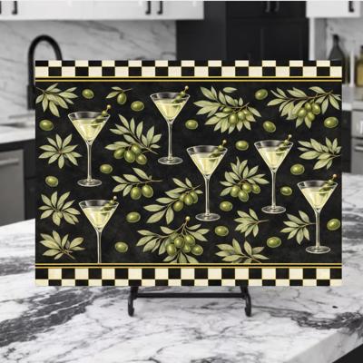 Martini Olives with Black and Gold Checkered Border Cutting Board 15" x 11"