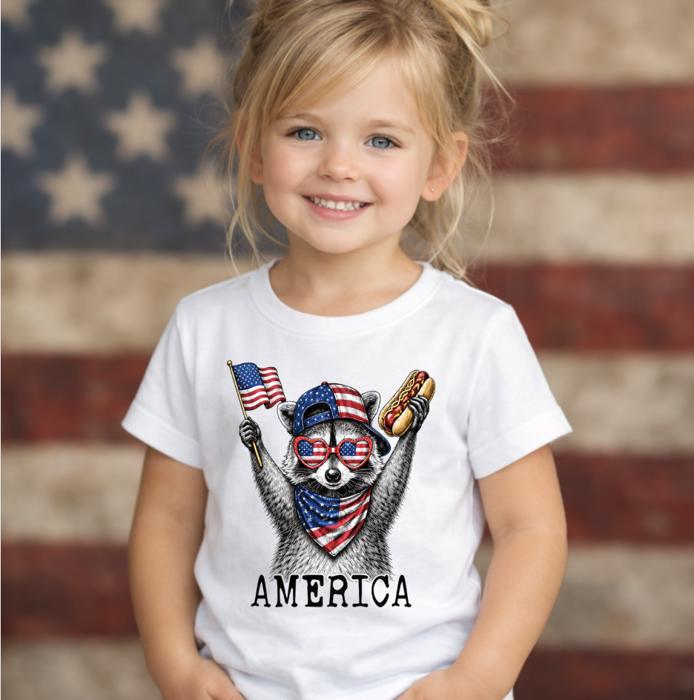 America 4th of July Kids Unisex T-shirt with Raccoon and Hotdog 