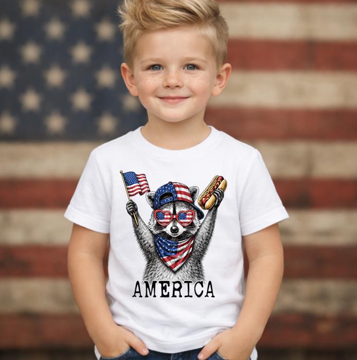 America 4th of July Kids Unisex T-shirt with Raccoon and Hotdog 