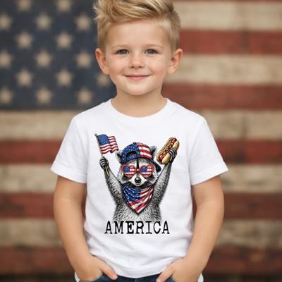 America 4th of July Kids Unisex T-shirt with Raccoon and Hotdog 