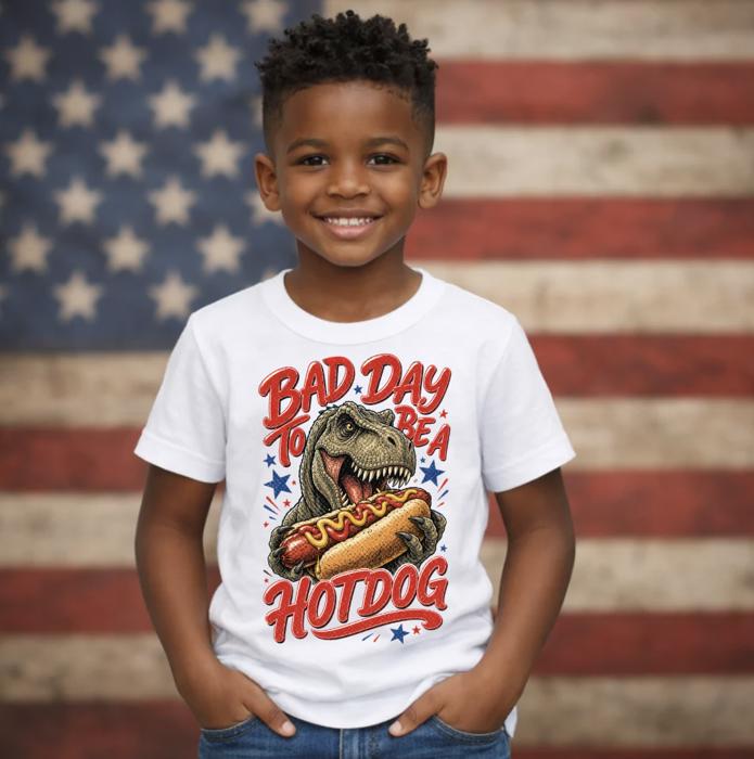 Dinosaur Bad Day to be a Hotdog Kids 4th of July Tee Shirt