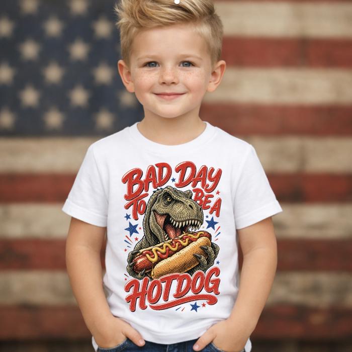 Dinosaur Bad Day to be a Hotdog Kids 4th of July Tee Shirt