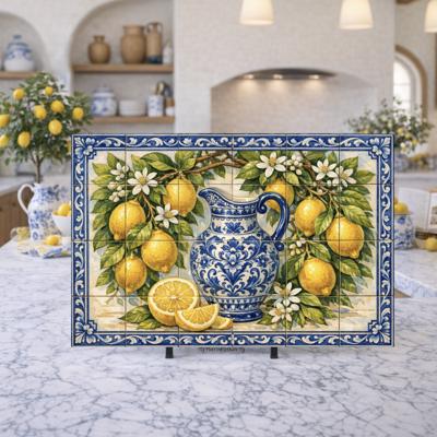 Lemon Blossom Toile Blue Glass Cutting Board, Sicilian Kitchen Decor