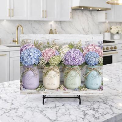 Hydrangeas and Mason Jars Floral Glass Cutting Board 11" x 15"
