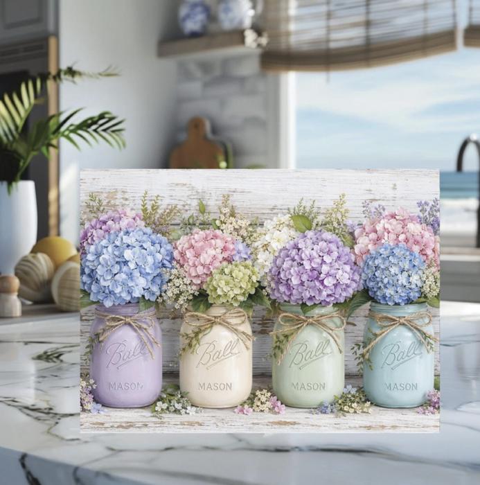Hydrangeas and Mason Jars Floral Glass Cutting Board 11" x 15"