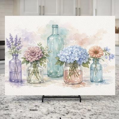 Pastel Watercolor Floral Glass Cutting Board, Hydrangea and Lavender in Vintage Glass Vases