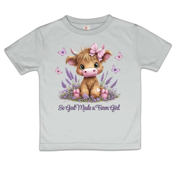 So God Made a Farm girl Highland Heifer and Lavender Girls Tee Shirt
