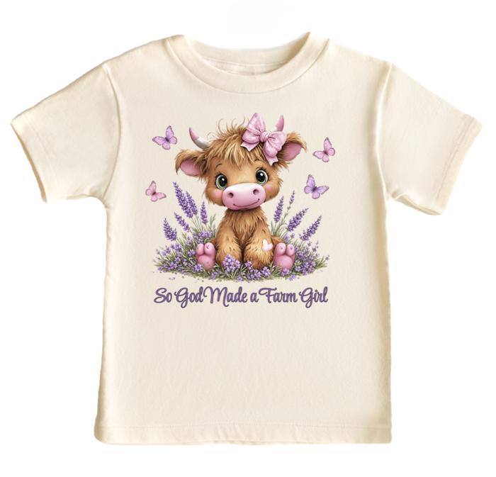 So God Made a Farm girl Highland Heifer and Lavender Girls Tee Shirt