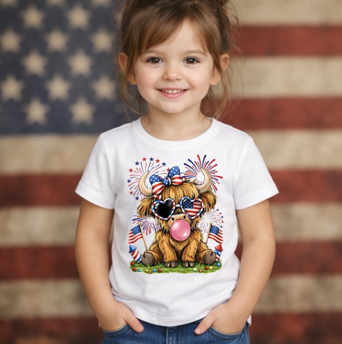 Highland Heifer Fireworks 4th of July Girls Tee Shirt