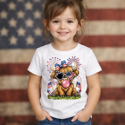 Highland Heifer Fireworks 4th of July Girls Tee Shirt