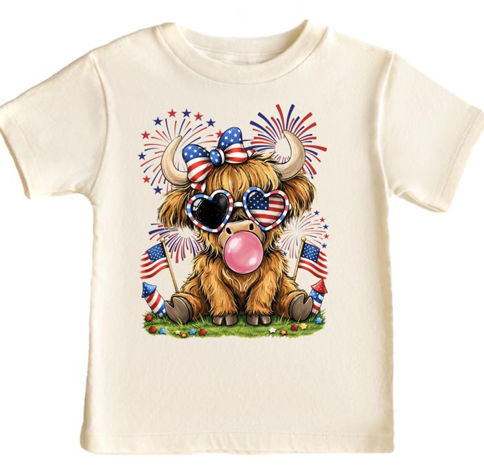 Highland Heifer Fireworks 4th of July Girls Tee Shirt