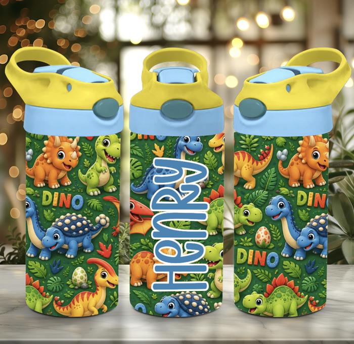 Colorful Personalized Dinosaur 12 oz flip top Tumbler 