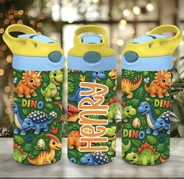 Colorful Personalized Dinosaur 12 oz flip top Tumbler 