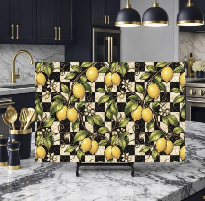 Lemons and Black and Cream Checkered Glass Cutting Board 15" x 11" 