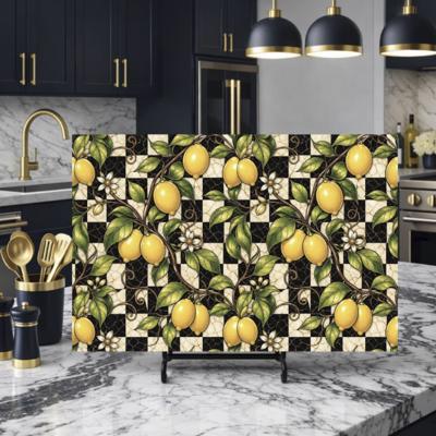 Lemons and Black and Cream Checkered Glass Cutting Board 15" x 11" 