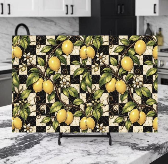Lemons and Black and Cream Checkered Glass Cutting Board 15" x 11" 