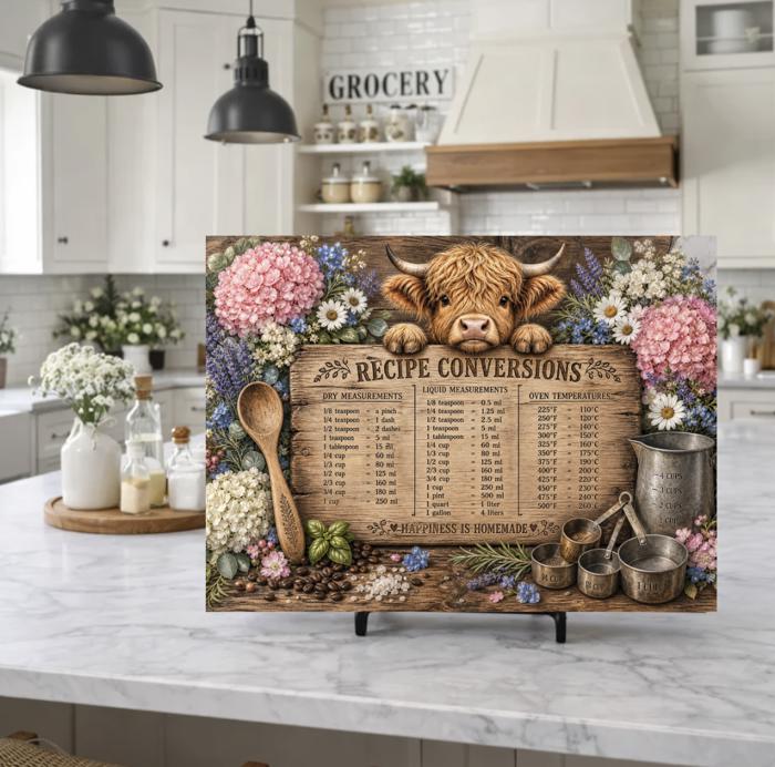 Highland Heifer Glass Cutting Board with Recipe Conversions 15" W x 11" H