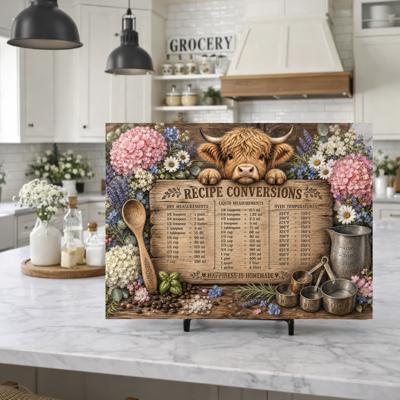 Highland Heifer Glass Cutting Board with Recipe Conversions 15" W x 11" H