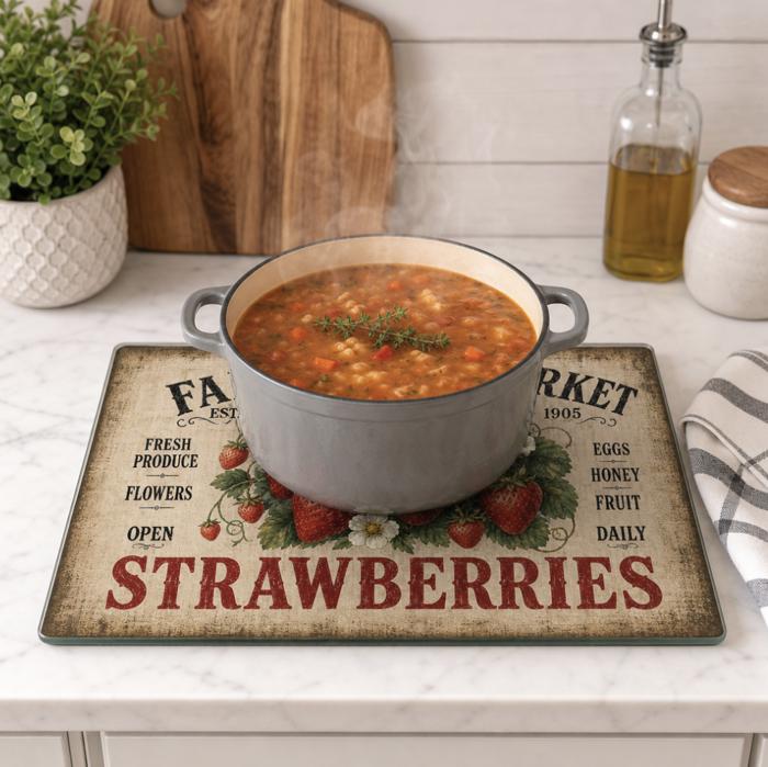 Farmers Market Strawberries Glass Cutting Board 15" W x 11" H