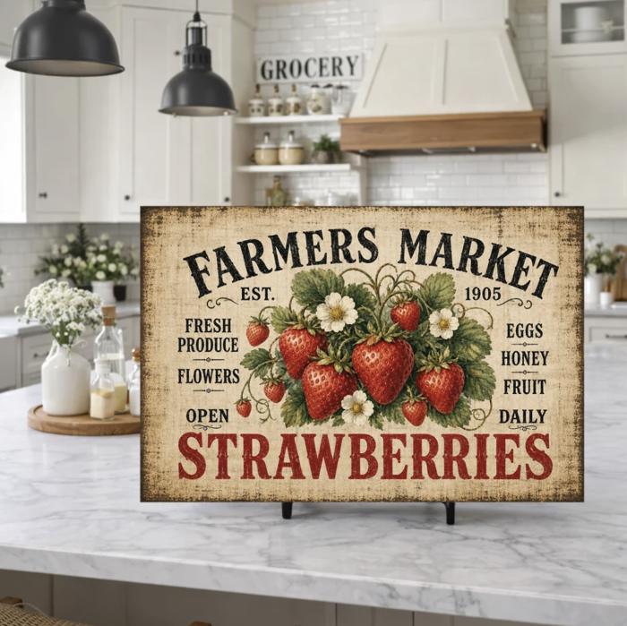 Farmers Market Strawberries Glass Cutting Board 15" W x 11" H