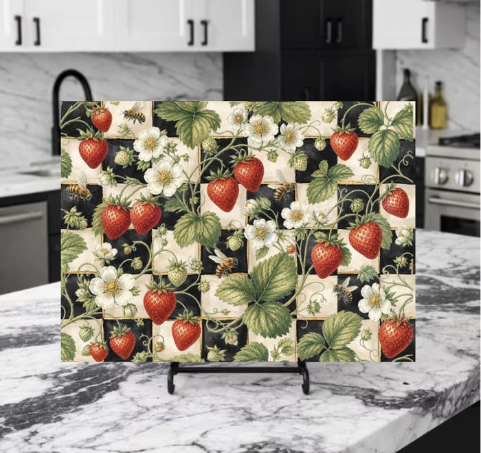 Strawberries and Black and Cream Checkered Glass Cutting Board 15" x 11" 