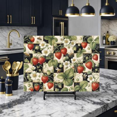 Strawberries and Black and Cream Checkered Glass Cutting Board 15" x 11" 