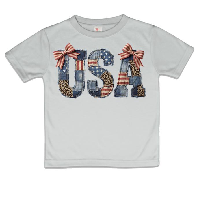 USA Faux Patchwork Girls 4th of July Tee Shirt
