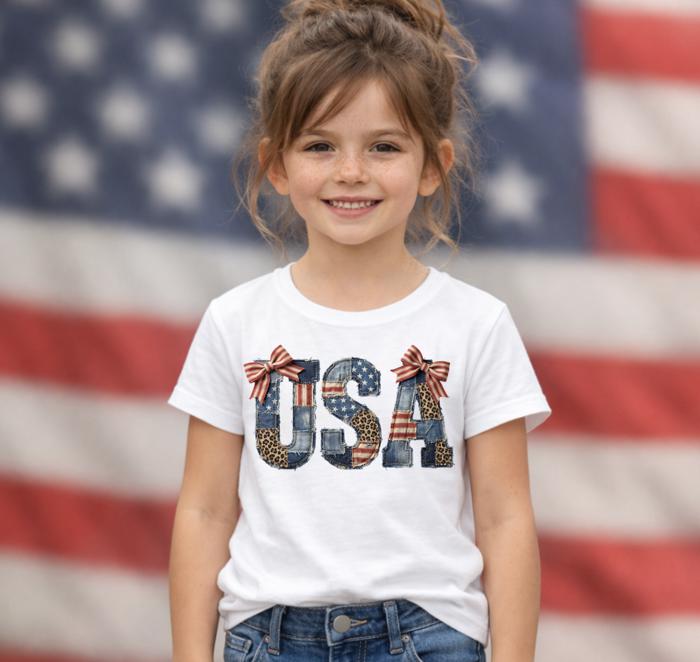 USA Faux Patchwork Girls 4th of July Tee Shirt