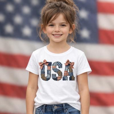 USA Faux Patchwork Girls 4th of July Tee Shirt