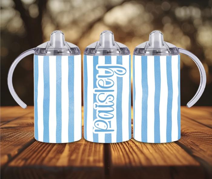 Cabana Pastel Stripes 12oz Baby Sippy Cup w/ 2 Lids, Personalized Name
