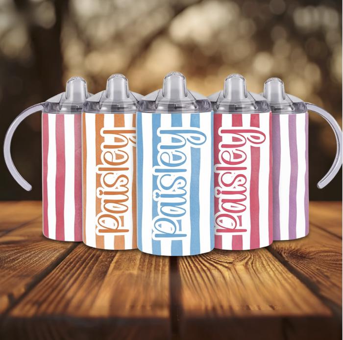 Cabana Pastel Stripes 12oz Baby Sippy Cup w/ 2 Lids, Personalized Name