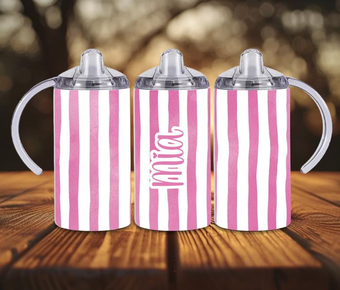 Cabana Pastel Stripes 12oz Baby Sippy Cup w/ 2 Lids, Personalized Name