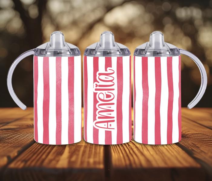 Cabana Pastel Stripes 12oz Baby Sippy Cup w/ 2 Lids, Personalized Name