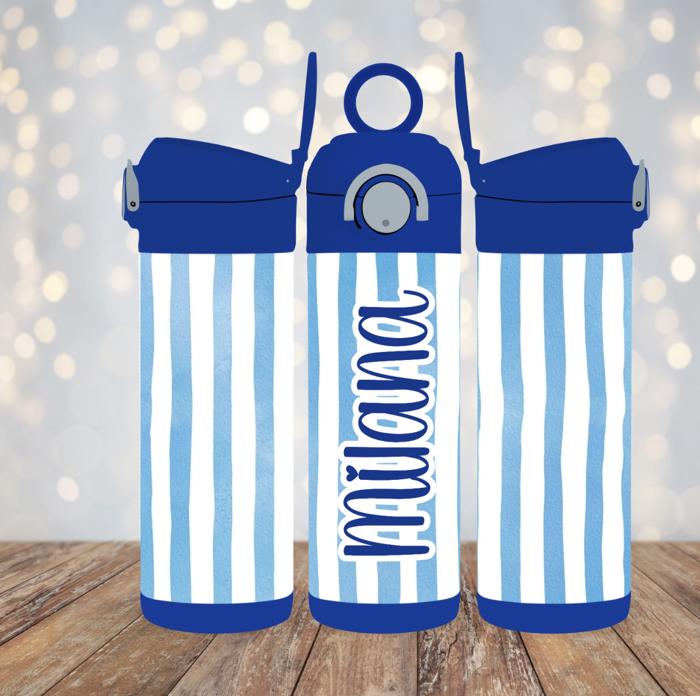 Cabana Stripes 12oz Girl Tumbler, Personalized Leak Proof Flip Top Sport Water Bottle