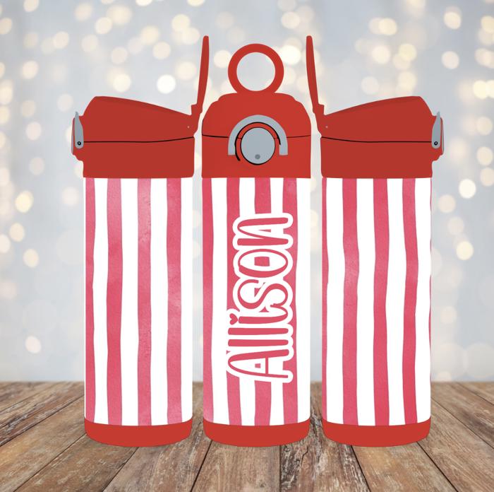 Cabana Stripes 12oz Girl Tumbler, Personalized Leak Proof Flip Top Sport Water Bottle