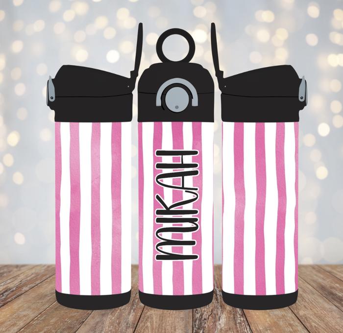 Cabana Stripes 12oz Girl Tumbler, Personalized Leak Proof Flip Top Sport Water Bottle