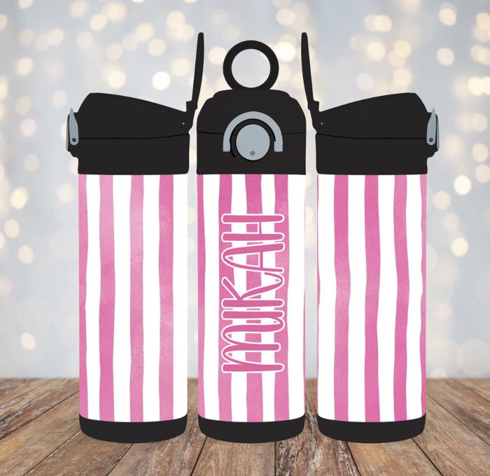 Cabana Stripes 12oz Girl Tumbler, Personalized Leak Proof Flip Top Sport Water Bottle