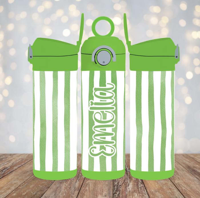 Cabana Stripes 12oz Girl Tumbler, Personalized Leak Proof Flip Top Sport Water Bottle