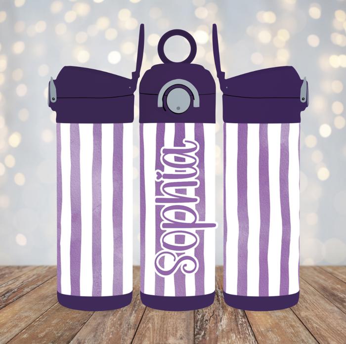 Cabana Stripes 12oz Girl Tumbler, Personalized Leak Proof Flip Top Sport Water Bottle